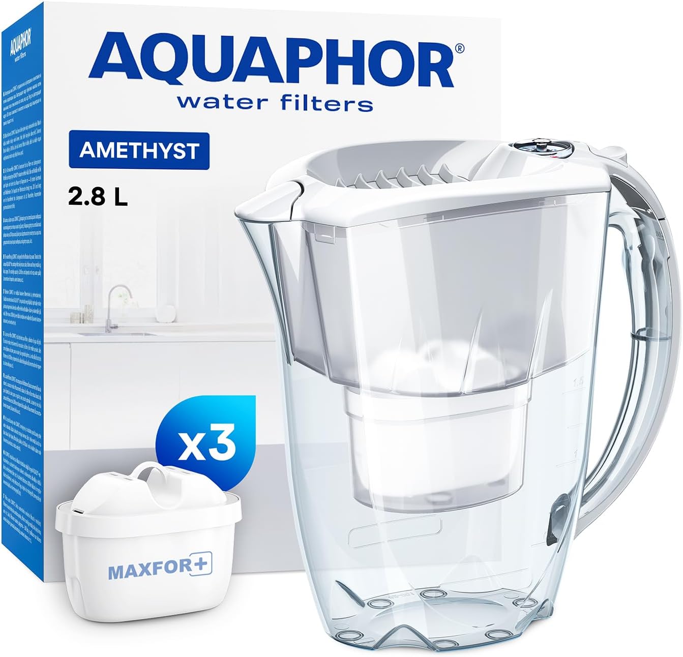 AQUAPHOR Amethyst Fridge Water Filter Jug, Includes 3 x Maxfor+ Cartridges to Reduce Lime, Chlorine & Heavy Metals, Plastic, Volume 2.8 L, White