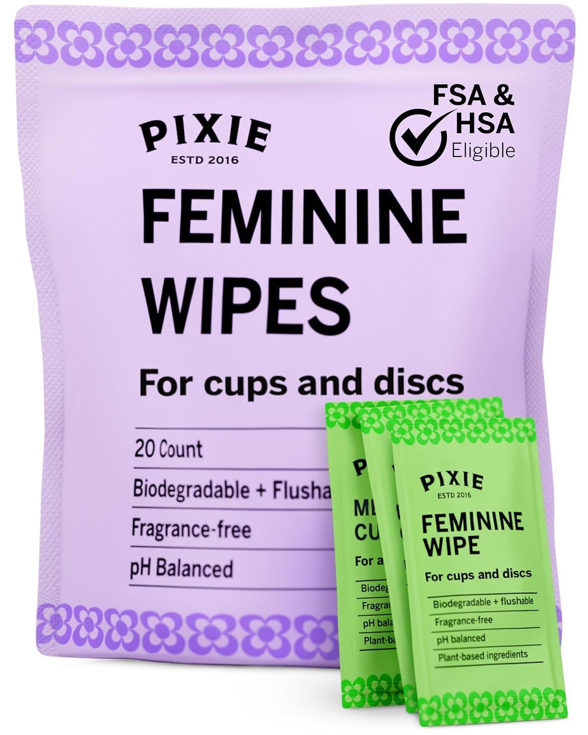 Pixie Feminine Wipes - Flushable, Biodegradable, & Ph Balanced - Individually Wrapped Packet Wipes for On The Go & Public Bathrooms - Wash & Cleaner For Your Menstrual Cups & Discs (1 Pack of 20)