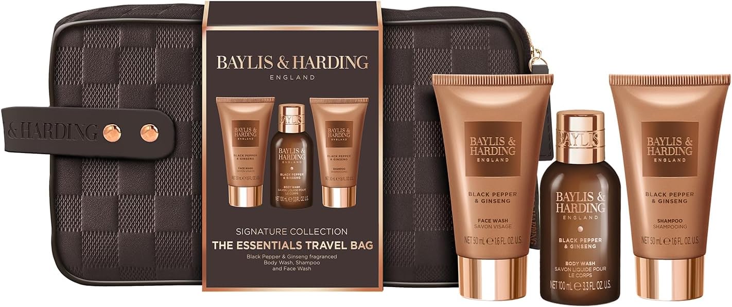 Baylis & Harding Black Pepper & Ginseng Men's The Essentials Travel Wash Bag Gift Set - Vegan Friendly