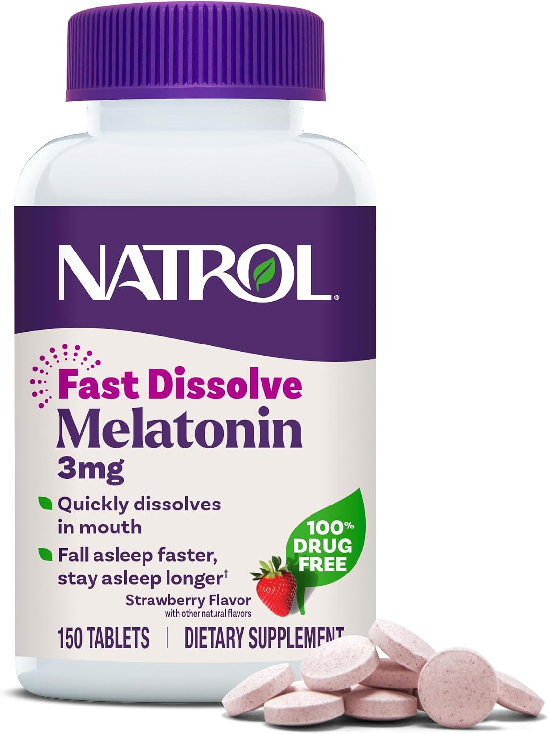 Natrol Melatonin 3 mg Fast Dissolve Tablets, Strawberry, 150 Count | Sleep Support for Adults, for Occasional Sleeplessness, No Water Needed, 100% Drug-Free, Non-Habit Forming