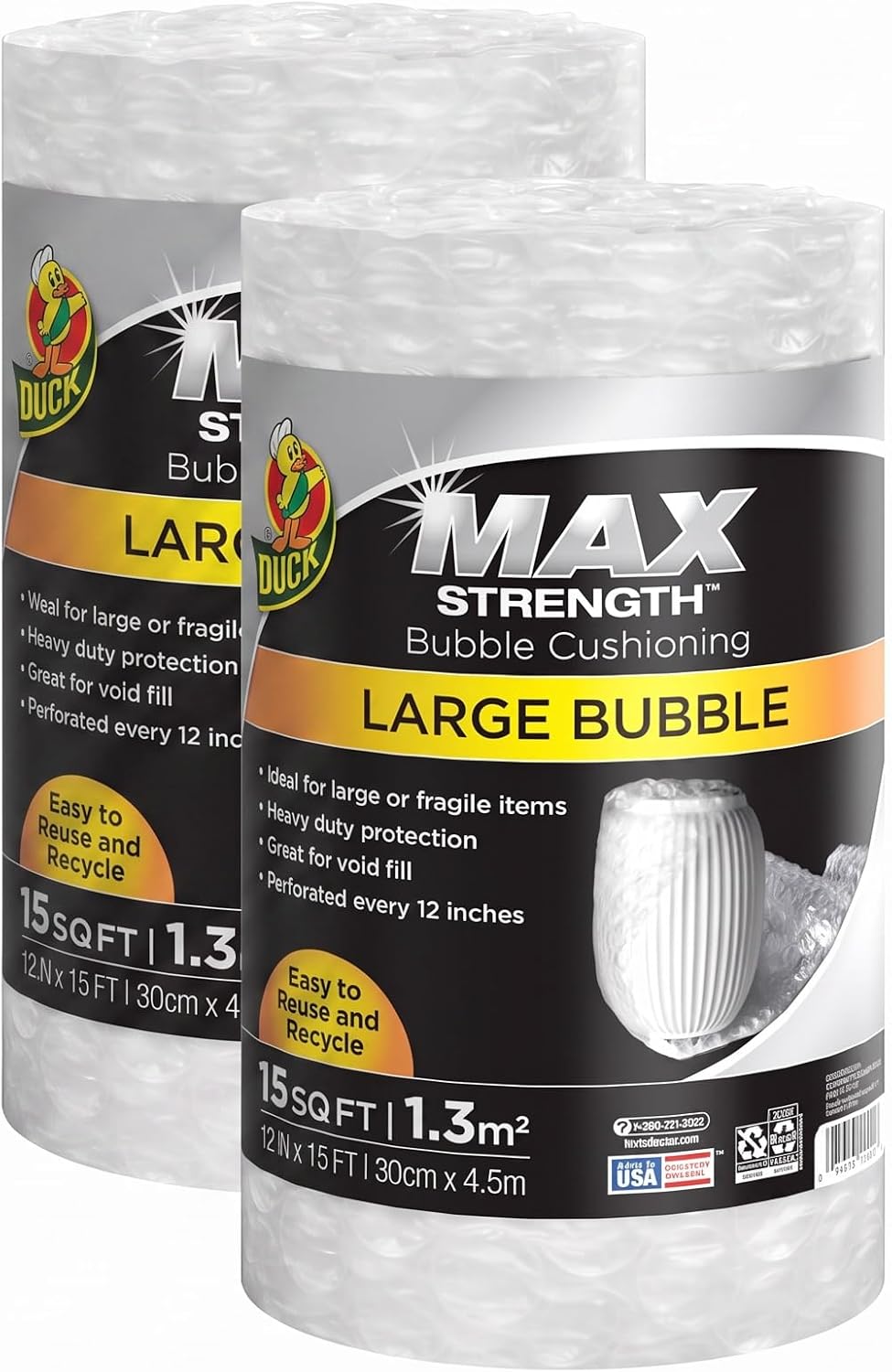 Duck Max Strength Bubble Cushioning Wrap for Moving&Shipping,15FT,Large Packing Wrap for Heavy Duty Protection Packaging Boxes,Clear Bubble Roll Moving Supplies,Perforated Every 12",(Pack of 2)