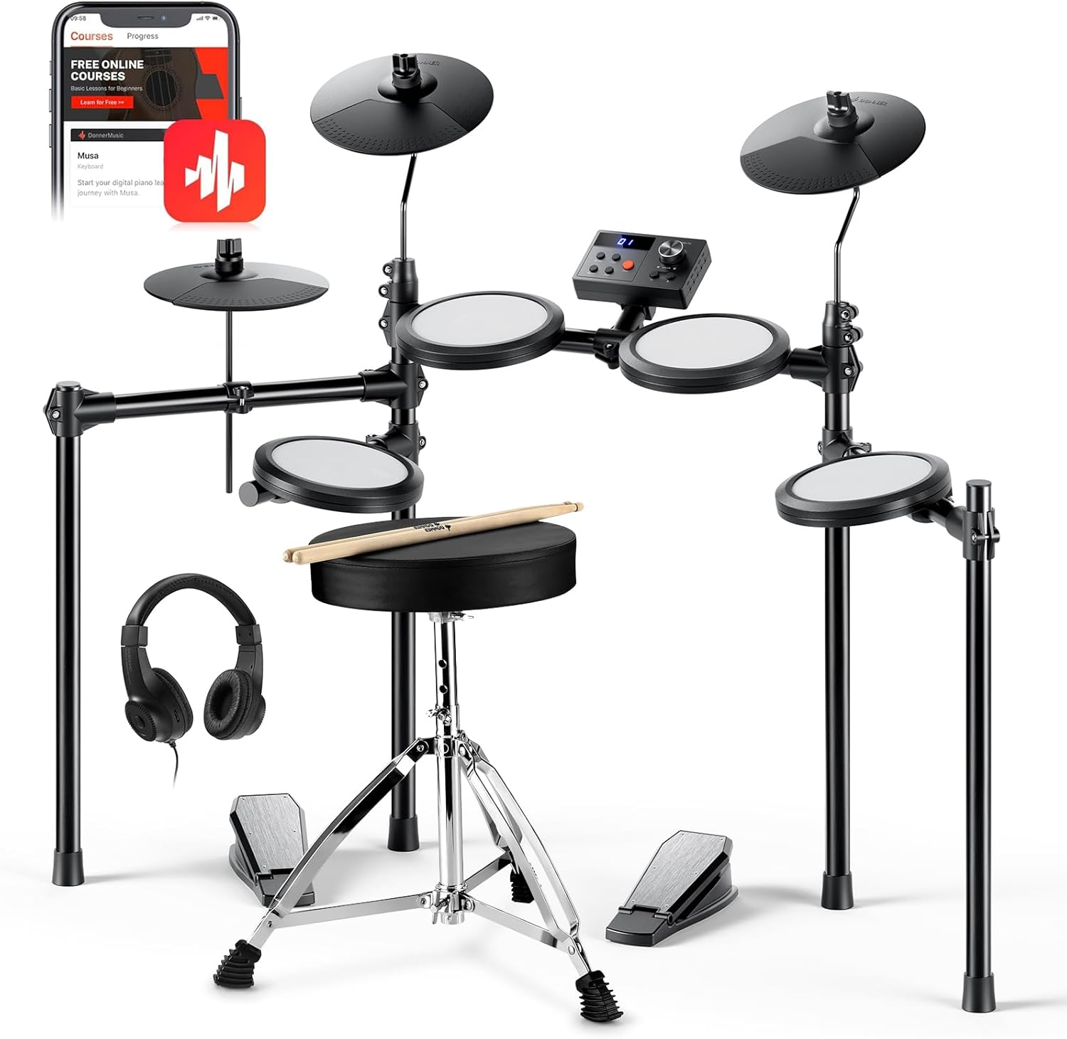 Donner Electric Drum Set, DED-70 Electronic Drum Kit for Beginner with 150 Sounds, 4 Quiet Mesh Pads, 9" Cymbals, USB MIDI, Type-C Charging, 2 Pedal, Throne, Headphones, Sticks, Melodics Lessons