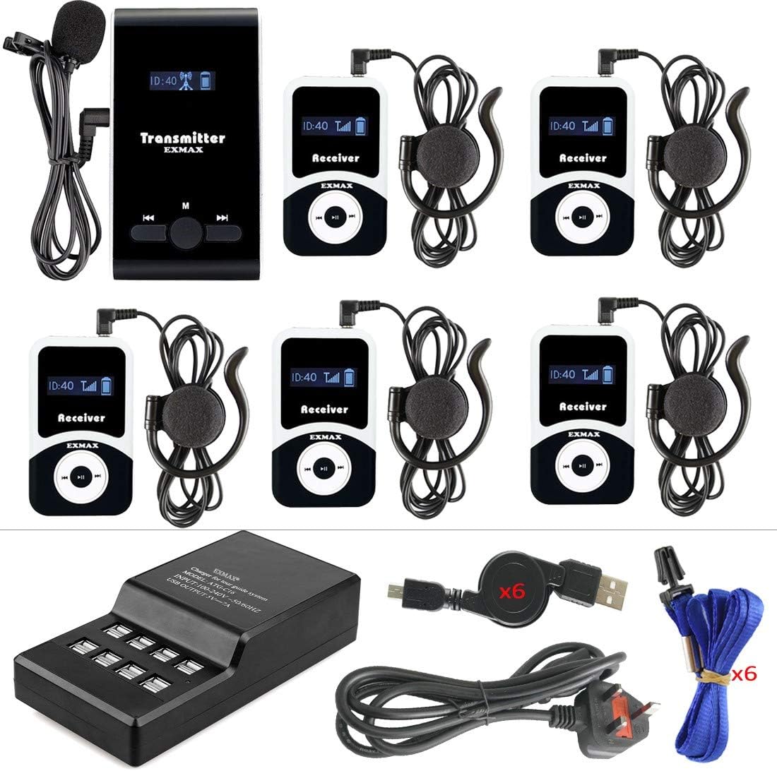 EXMAX EX-100 72MHz Wireless Audio Tour Guide System with Microphone Earphone for Church Museum Simultaneous Interpretation Coaches (1 Transmitter 5 Receivers with 16-ports USB Charge Station)