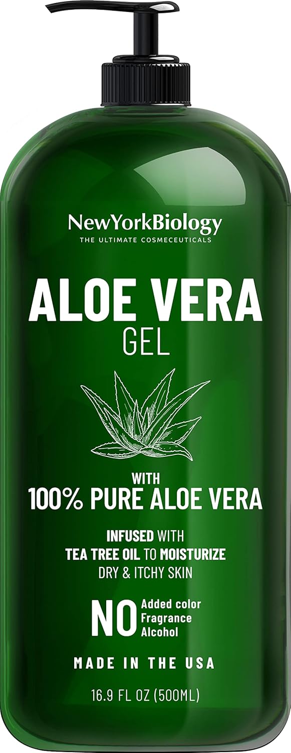 New York Biology Aloe Vera Gel for Face, Skin and Hair - Infused with Tea Tree Oil – From Fresh Aloe Vera Plant – Moisturizing Aloe Vera for Sunburn Relief and Dry Skin - 500 ml
