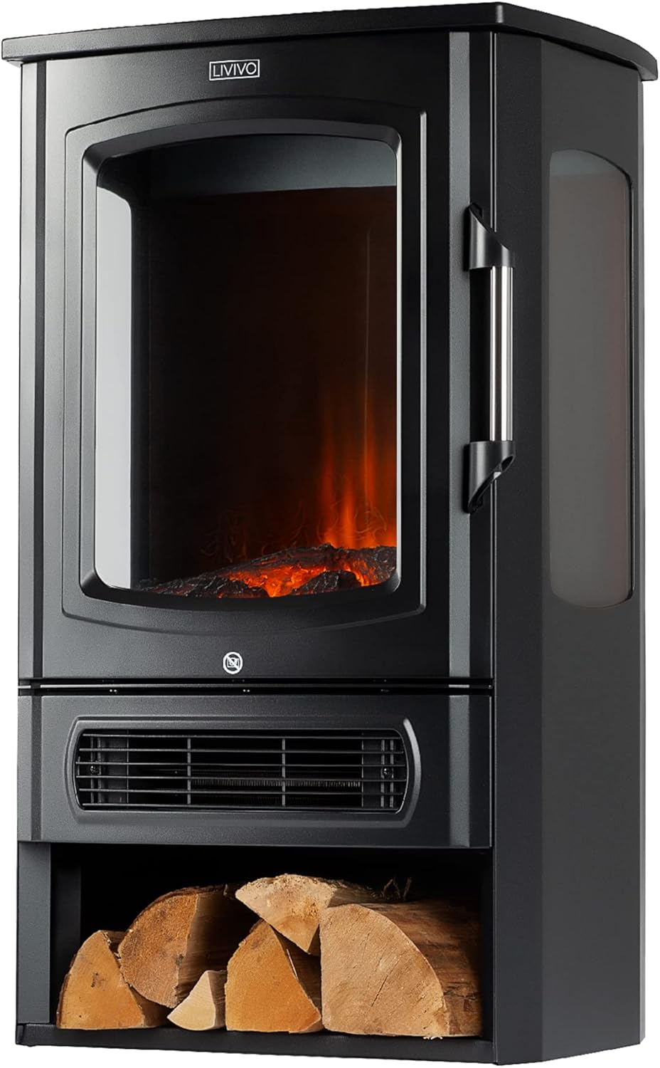 LIVIVO Electric Stove Heater Fireplace with Log Effect, 2000W, Independent Light and Heat Controls, Automatic Safety Cut-Out, Wide Panoramic Viewing Angle, Log Storage Compartment