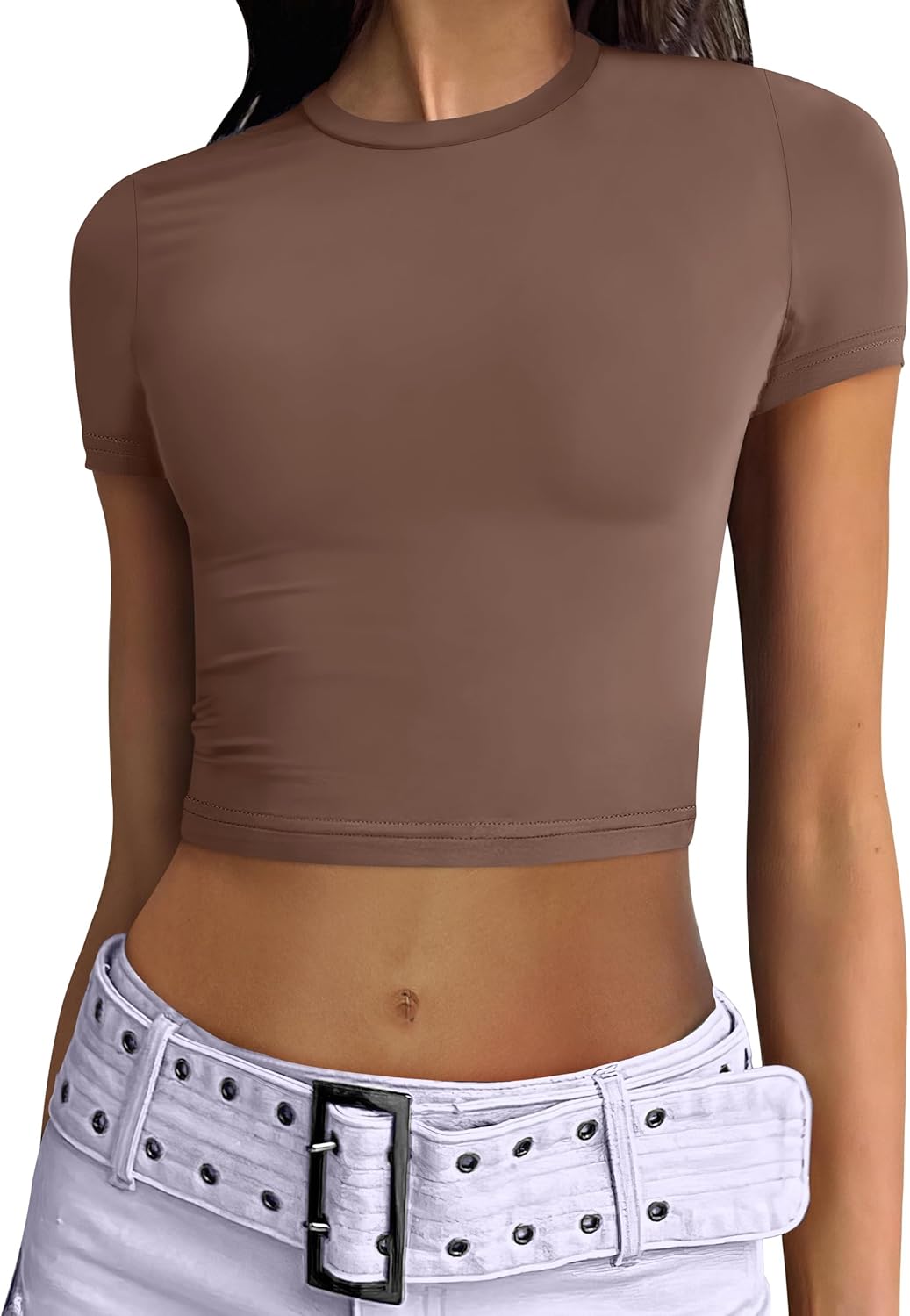 ANRABESS Womens Basic Tee Summer Outfits Crewneck Short Sleeve Crop Tops Slim Fitted T Shirts Y2k 2025 Trendy Clothing