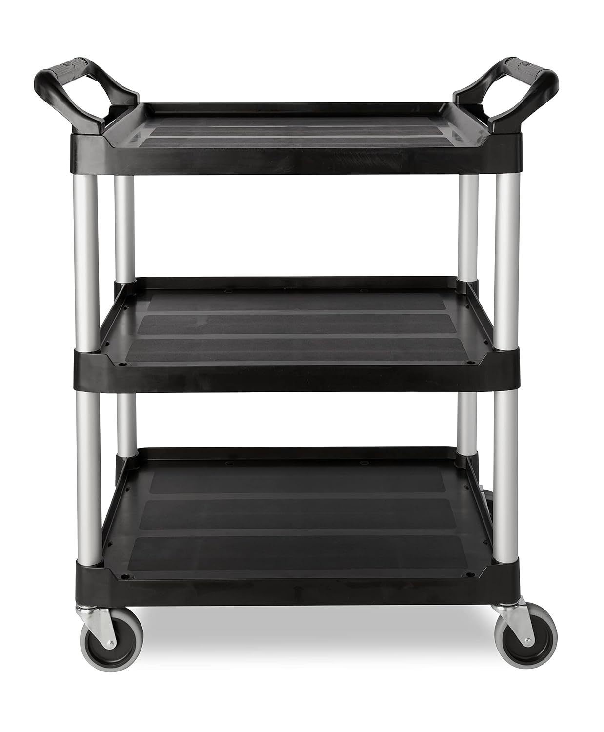 Rubbermaid Commercial Products Heavy Duty 3-Shelf Rolling Service/Utility/Push Cart, 200 lbs. Capacity, Black, for Foodservice/Restaurant/Cleaning/Warehouse/Garage