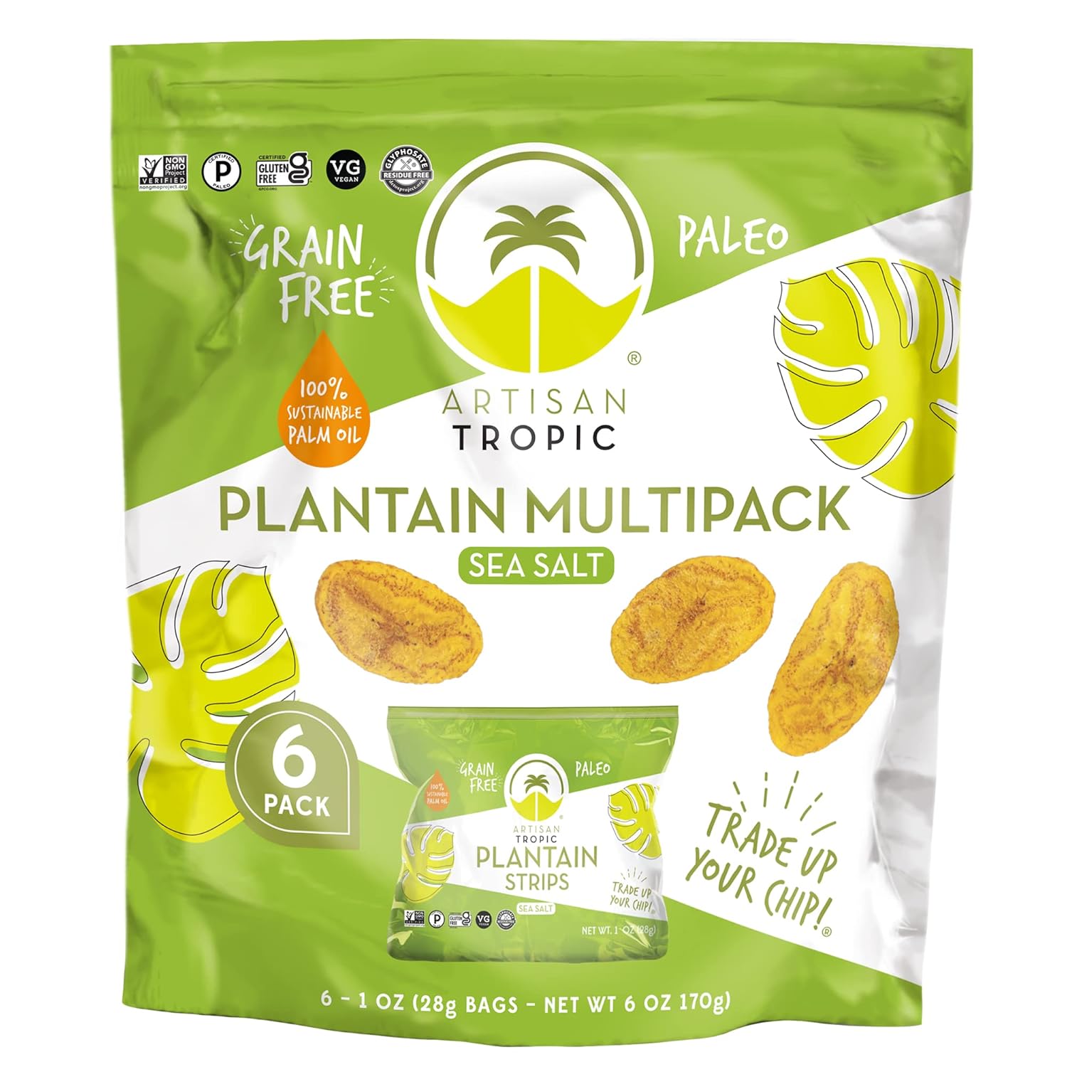 ARTISAN TROPIC Plantain Strips Sea Salt - 6 Pack, 1oz - Vegan, Paleo, Gluten Free Chips - Individual Bags Healthy Snacks for School, Gym, Kids – Whole 30 Approved Foods Baked Banana Chips