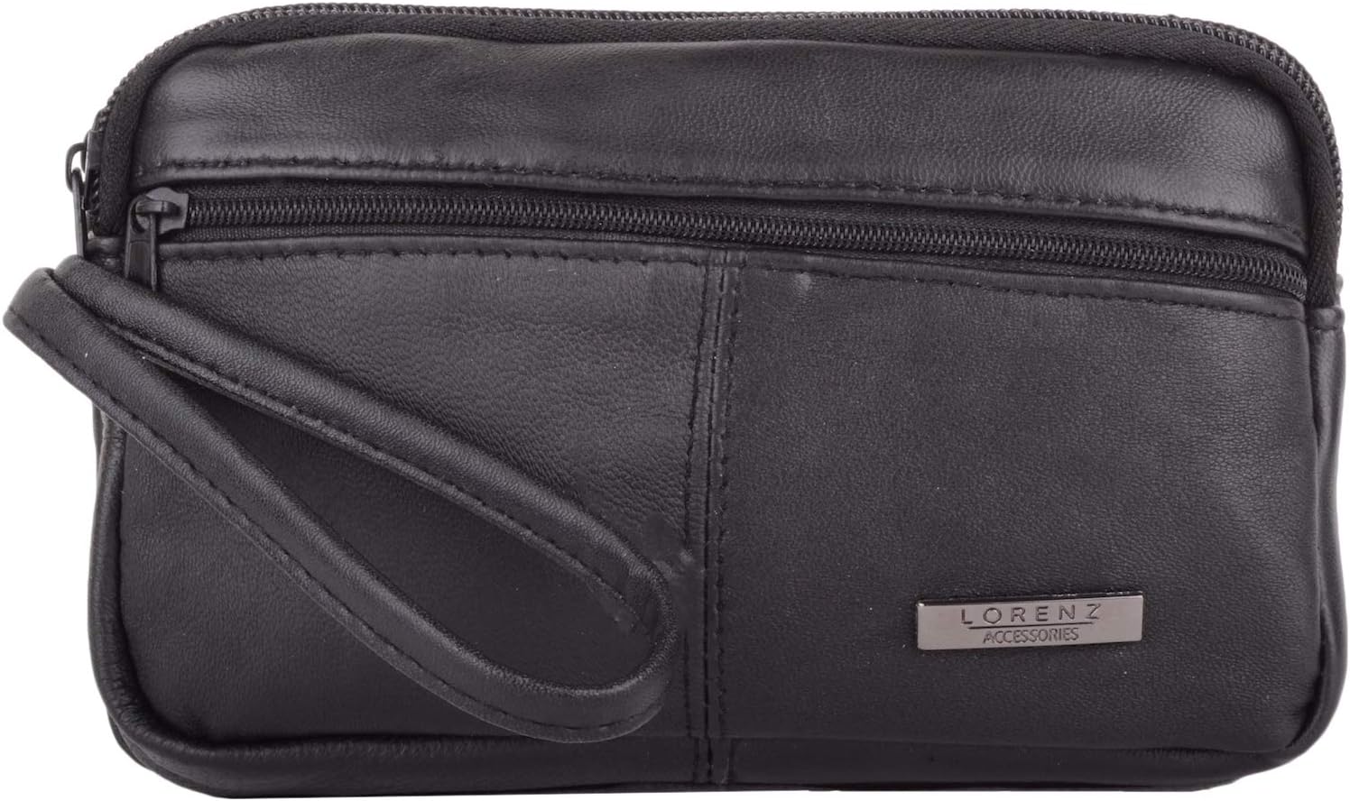 Unisex Soft Nappa Leather Hand Held Money Document Organiser Pouch with Wrist Strap Black