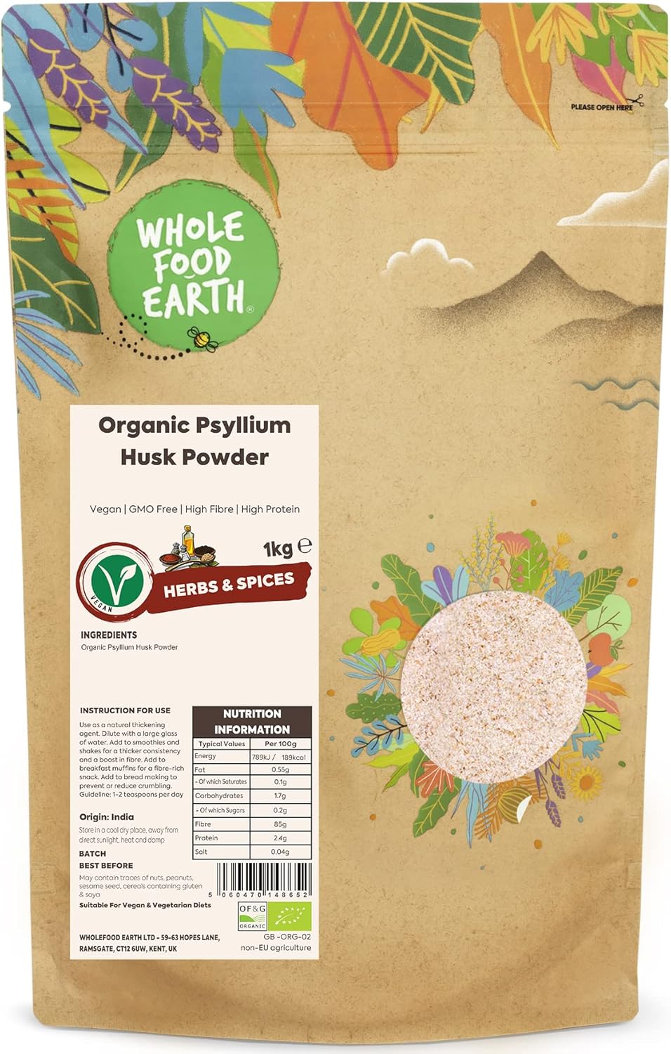 Wholefood Earth Organic Psyllium Husk Powder 1kg Vegan | GMO Free | High Fibre | High Protein | Certified Organic