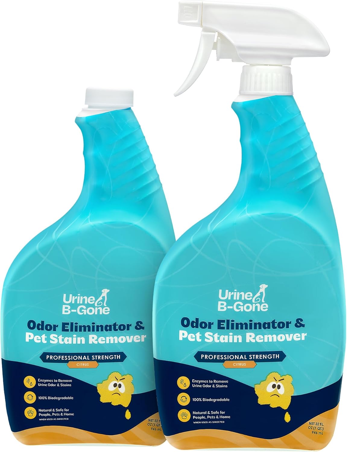 Urine B-Gone, Professional Enzyme Odor Eliminator & Pet Stain Remover, Human, Cat & Dog Urine Cleaner, Effective on Laundry, Carpets & More, Citrus Scent, 32oz, Pack of Two