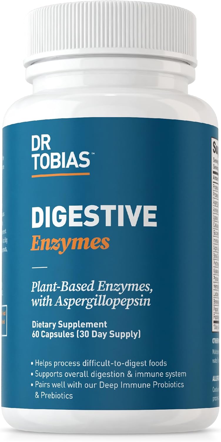 Dr. Tobias Digestive Enzymes with Amylase, Bromelain, Lipase, Lactase, Protease, Papain & More, Digestion Supplement with 18 Enzymes for Digestion and Gut Health, 60 Capsules, 30 Servings
