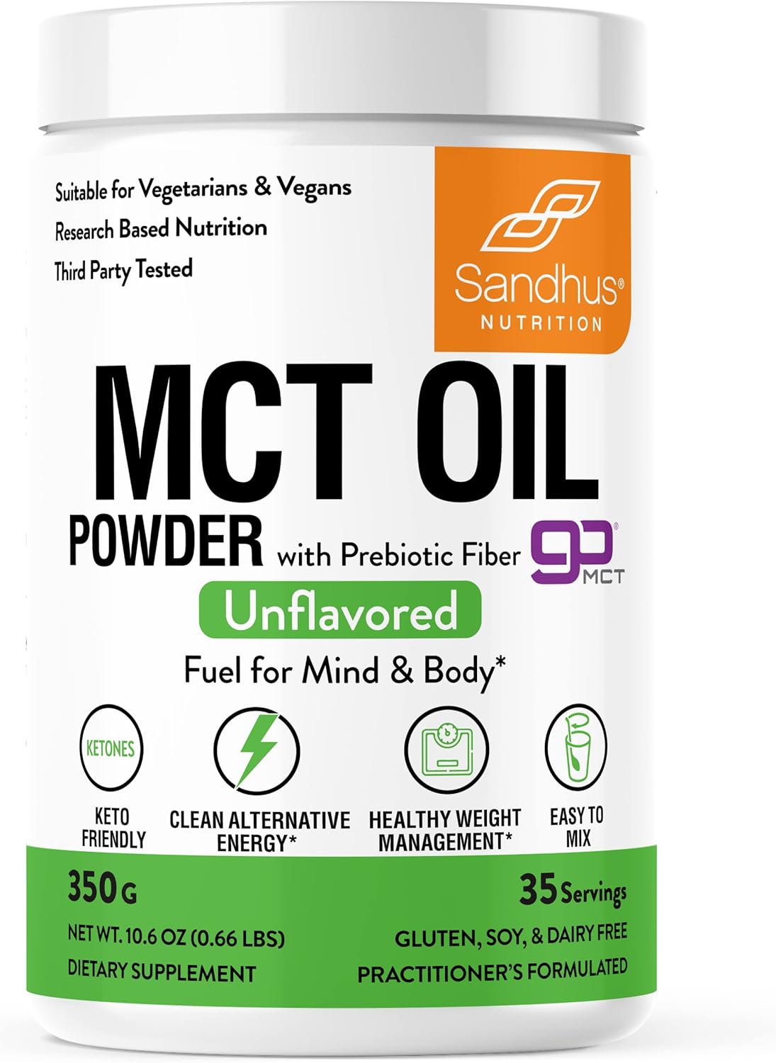 Sandhu's MCT Oil Powder with Prebiotic Fiber | 35 Servings | Organic - Keto | Fatty Acid Fuel for Body & Brain | 100% Coconut Oil derived, Easy to Mix, 10.6 Oz