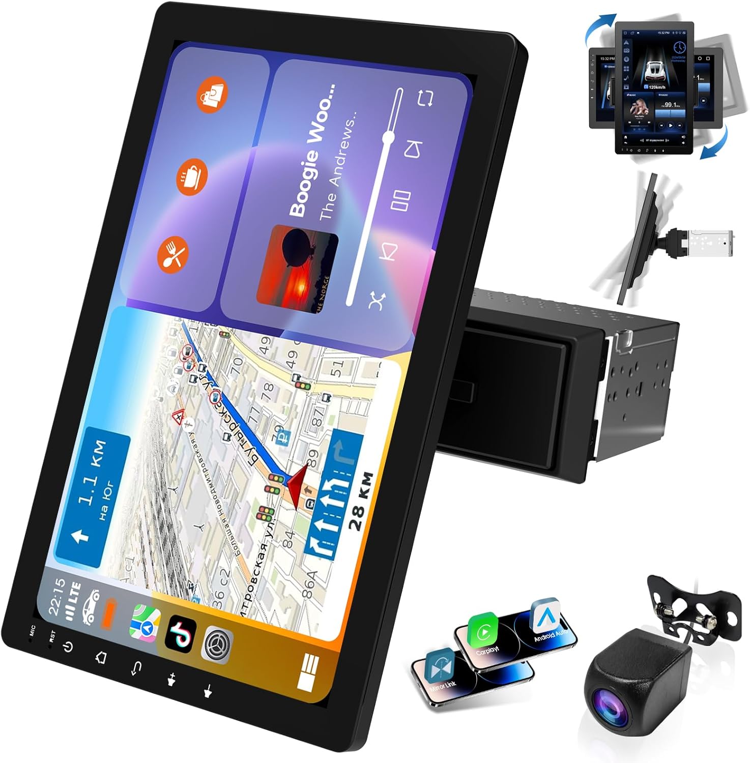 Single din Car Stereo,Rotatable Carplay Screen with 1080P Rear Camera,Wireless CarPlay & Android Auto Touch Screen,Mirror Link|Bluetooth|Music Play|AUX|FM,10.1" Wireless Single Din Car Radio