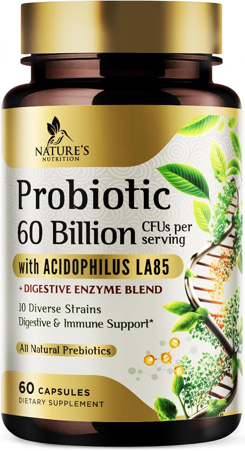 Probiotics 60 Billion CFU per Serving - 10 Strains + Prebiotics - Immune, Digestive & Gut Health Support, Supports Occasional Constipation, Gas & Bloating - Shelf Stable for Women & Men - 60 Capsules