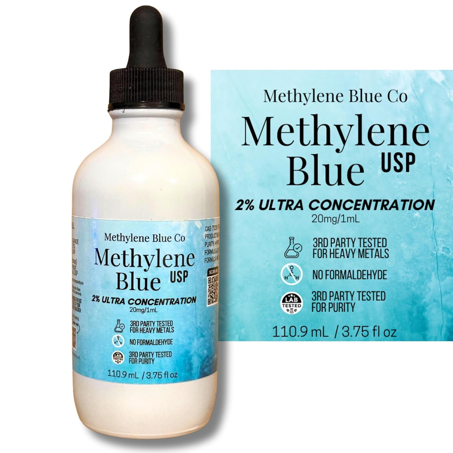 2% Methylene Blue 3.75 fl oz, USA Made Ultra Concentration Glass Bottle and Dropper Pharmaceutical Grade for Humans Nootropic Supplement - Heavy Metals Tested
