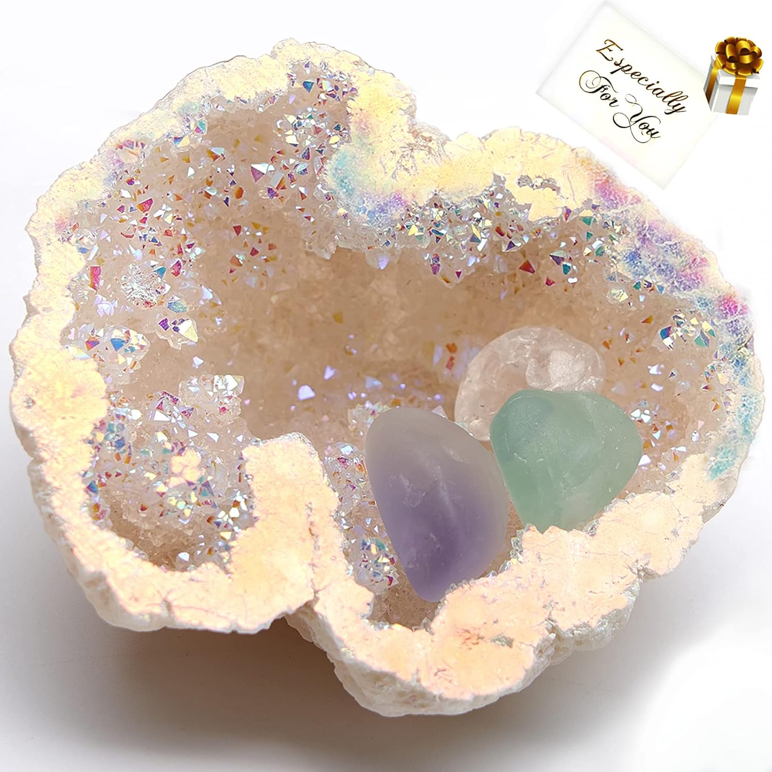 Yougoals Natural Geode Quartz Crystals,Rainbow Titanium Coated Quartz Specimen,White Geode Rainbow Crystal Cluster Natural Crystals and Healing Stones Decor 1PK Angel Aura Quartz