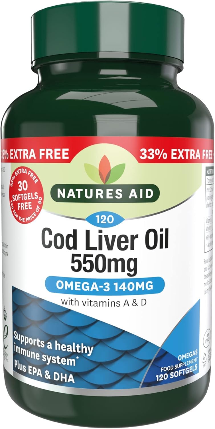 Natures Aid Cod Liver Oil 550mg Softgels – High Strength Omega-3 Fish Oil with Vitamins A, D Plus EPA & DHA – Supports Healthy Immune System Heart Health Brain Vision Joints – Non-GMO – 120 Capsules