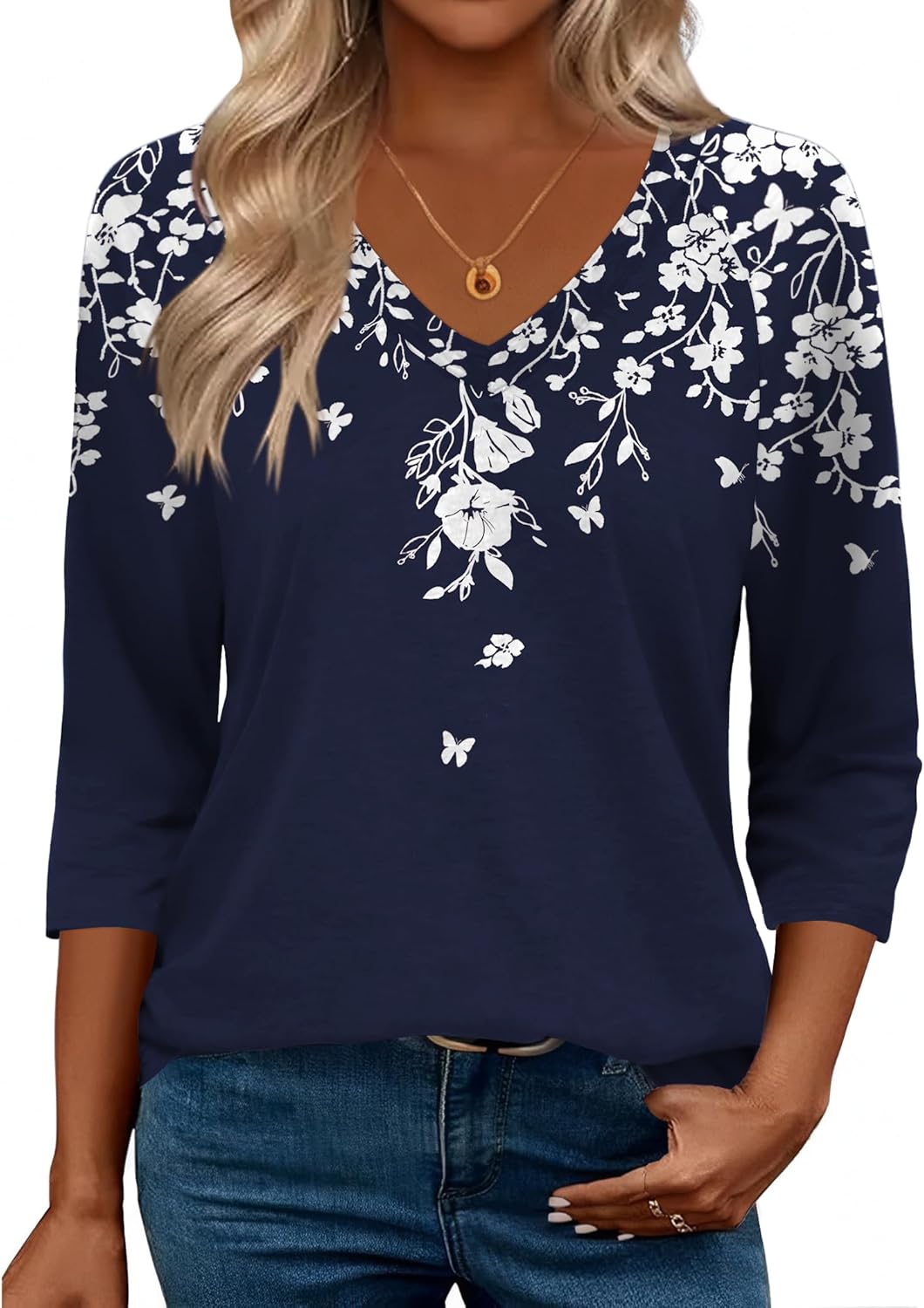 Zeagoo 3/4 Length Sleeve Womens Tops Casual V Neck Shirts Soft Basic Tees Business Work Blouses