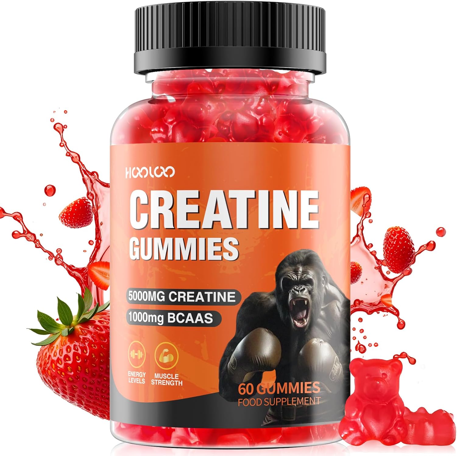HOOLOO Creatine Gummies 5000mg Creatine Monohydrate, 1000mg BCAAs per Serving - Chewable Vegan Sugar Free Gummies, Strawberry Flavour (1 Month Supply)