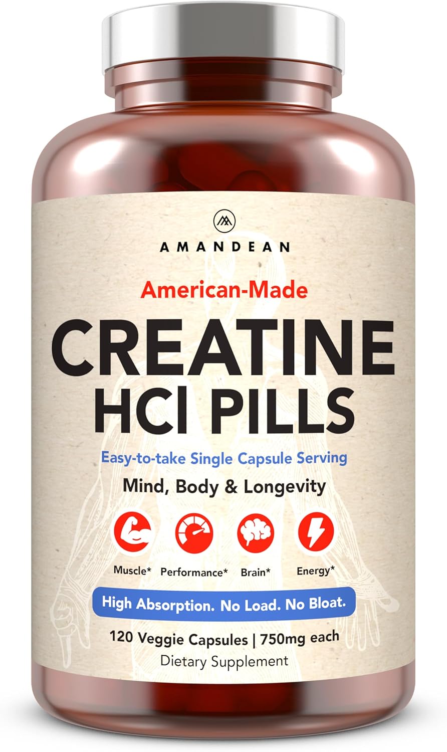AMANDEAN Creatine HCl Pills. American Made CON-CRET. 120 Capsules. 7X Concentrated vs Monohydrate Powder. No Bloat. Muscle, Energy, Cognitive, Recovery Support for Men & Women. Gluten Free, Non-GMO.