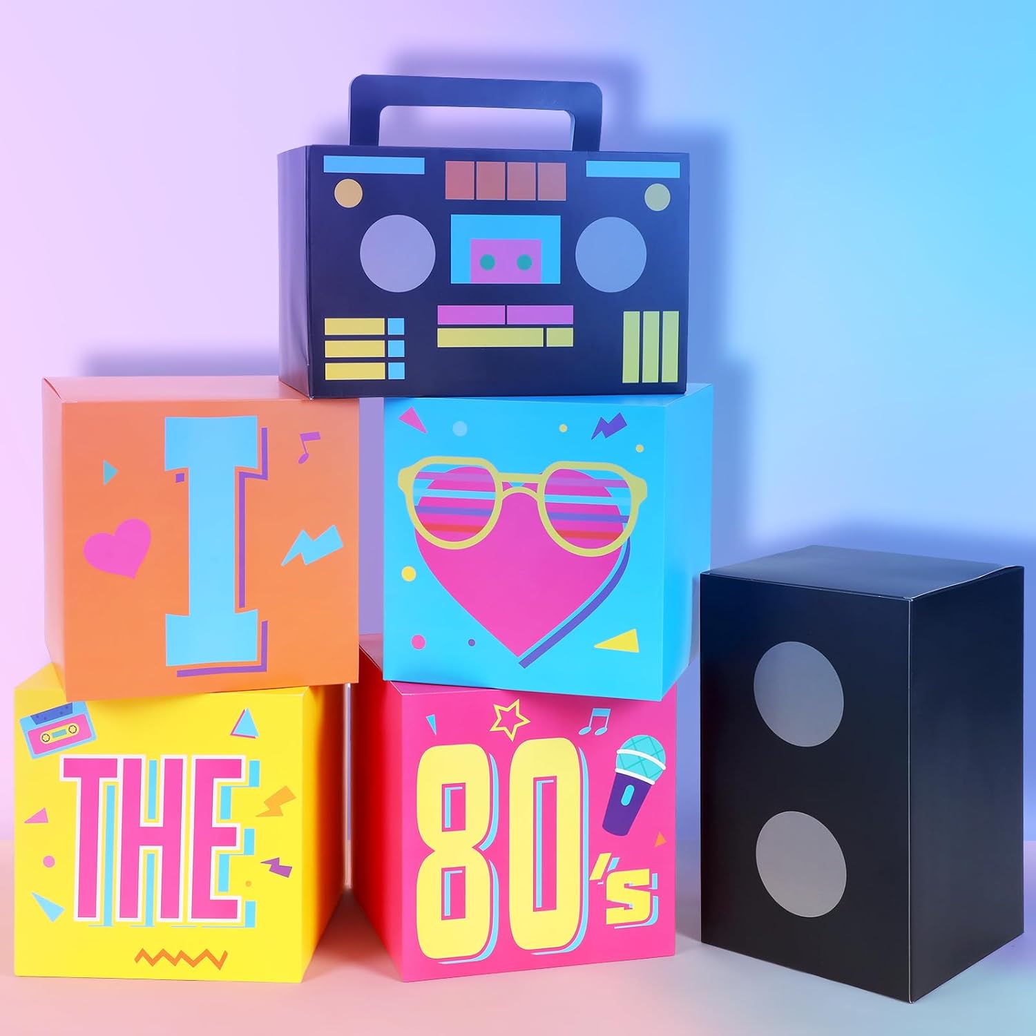 Amyhill 6 Pcs Large 80s Party Decorations Hip Hop Favor Set Paper Party Boxes Novelty Disco Theme Decoration for Retro 1980s 1990s Theme Birthday Neon Disco Music Supplies