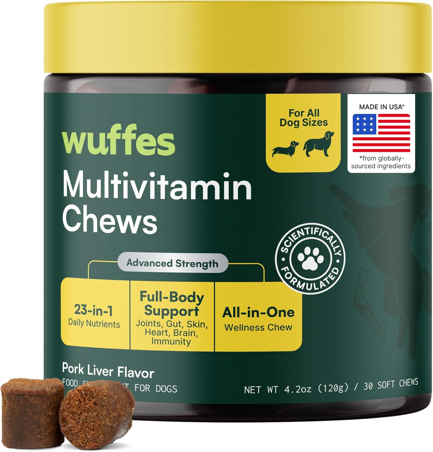 Wuffes 23-in-1 Dog Multivitamin Soft Chews Skin & Coat, Immune + Gut Health Support - Vitamins & Minerals with Omega-3, Iron & Zinc for Puppies & Senior Dogs, 30 Ct