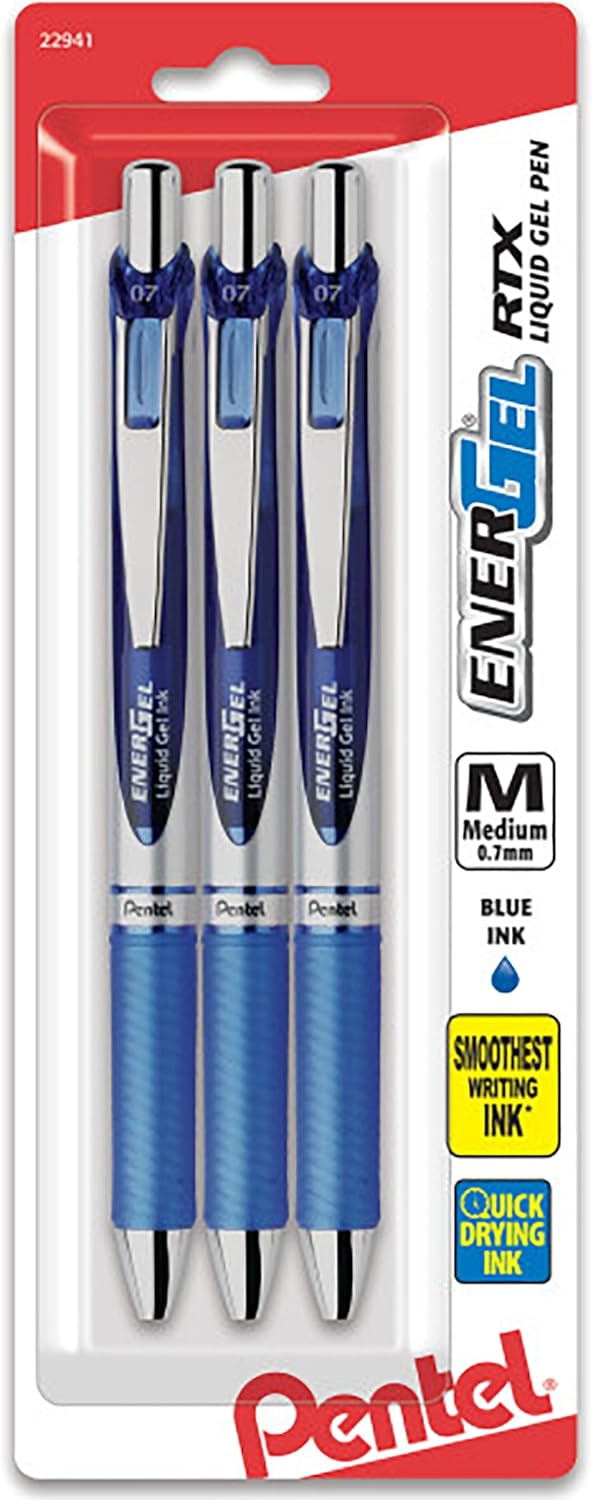 Pentel EnerGel XM BL77 - Retractable Liquid Gel Ink Pen - 0.7mm - 54% Recycled - Blue - Pack of 3