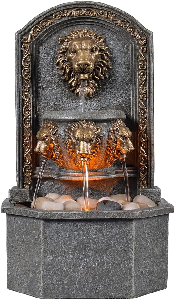 10.3 Inch Lion Head Tabletop Water Fountain, Classic Resin Indoor Zen Waterfall Fountain with Cobblestone, Soothing Water Sounds for Office and Home Decor (20135)