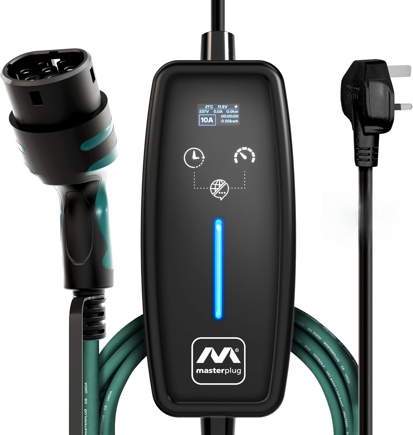 Masterplug EV Charging Cable for Electric and Hybrid Vehicles, 10 Metres, Mode 2, Delay Charging Function, 3 Pin UK Plug to Type 2 Car Charger, Language Options, 2.4kW, EVCM221010-MP2