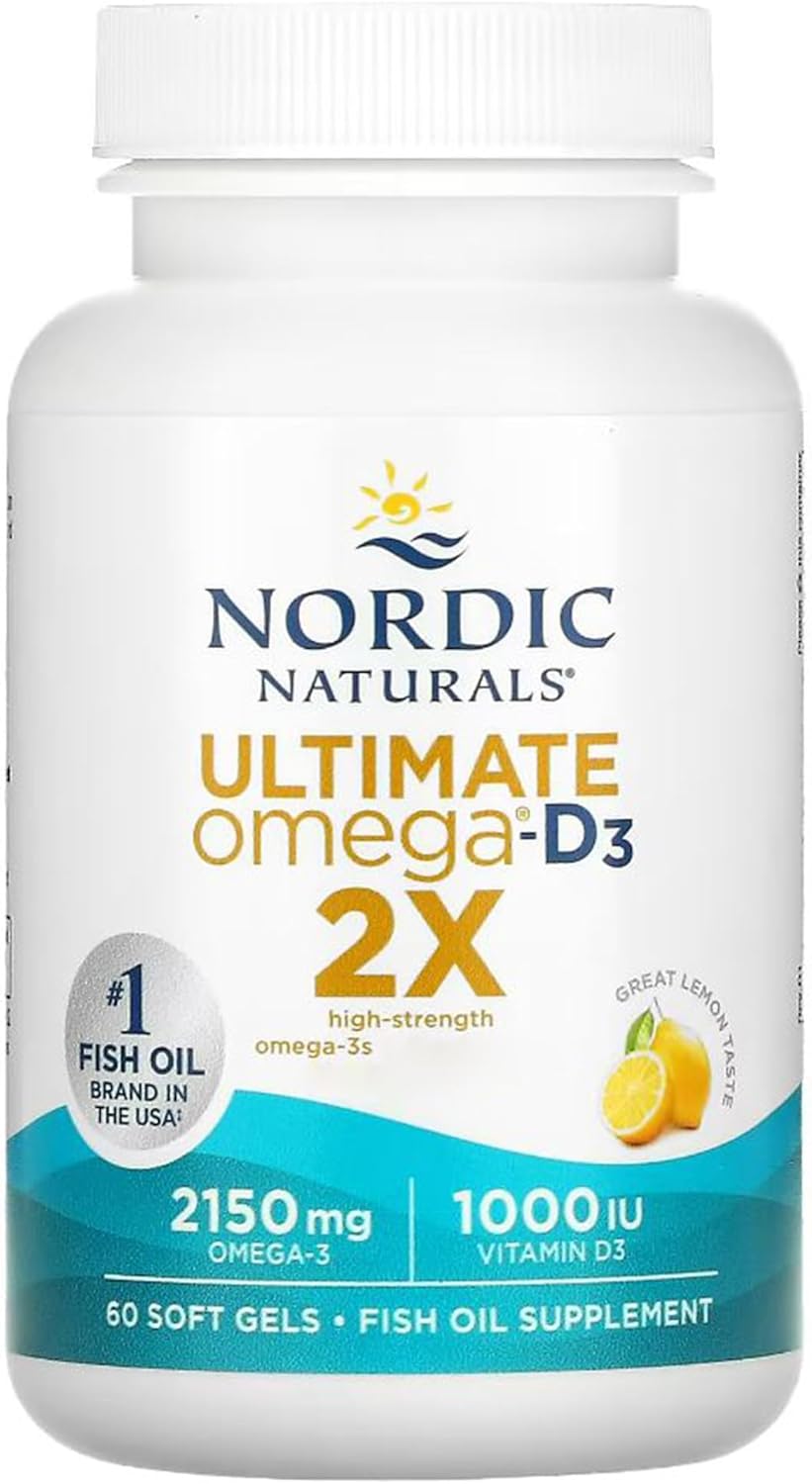 Nordic Naturals Ultimate Omega 2X, 2840 Omega-3, Fish Oil with EPA, DHA and Vitamin D2, Lemon Flavour, 60 Softgels, Lab Tested, SOYA Free, Gluten Free, Non-GMO
