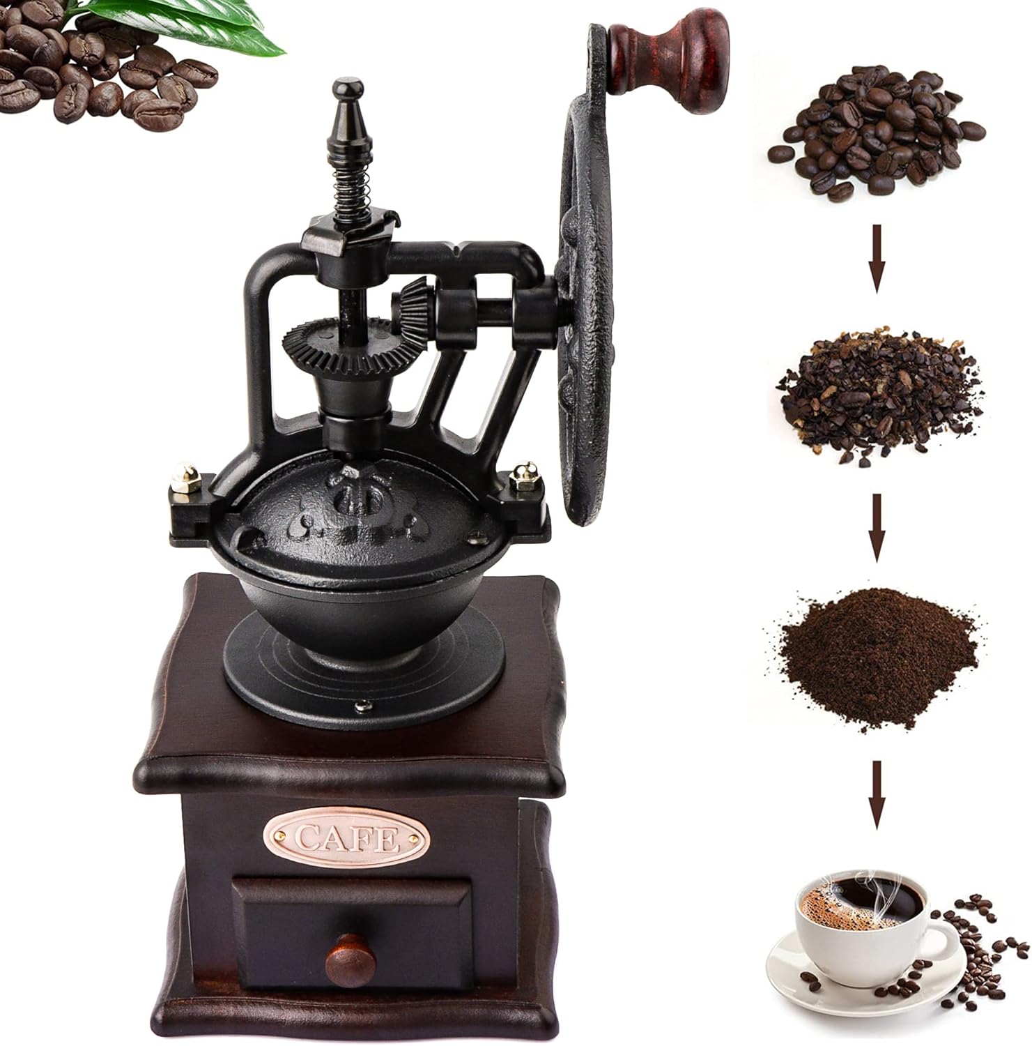 Aedcbaide Manual Coffee Grinder,Wooden Coffee Bean Grinder,Retro Hand Coffee Grinders, Antique British Style Vintage Coffee Mill,Adjustable Coarseness Gear Setting with Catch Drawer for Home Office