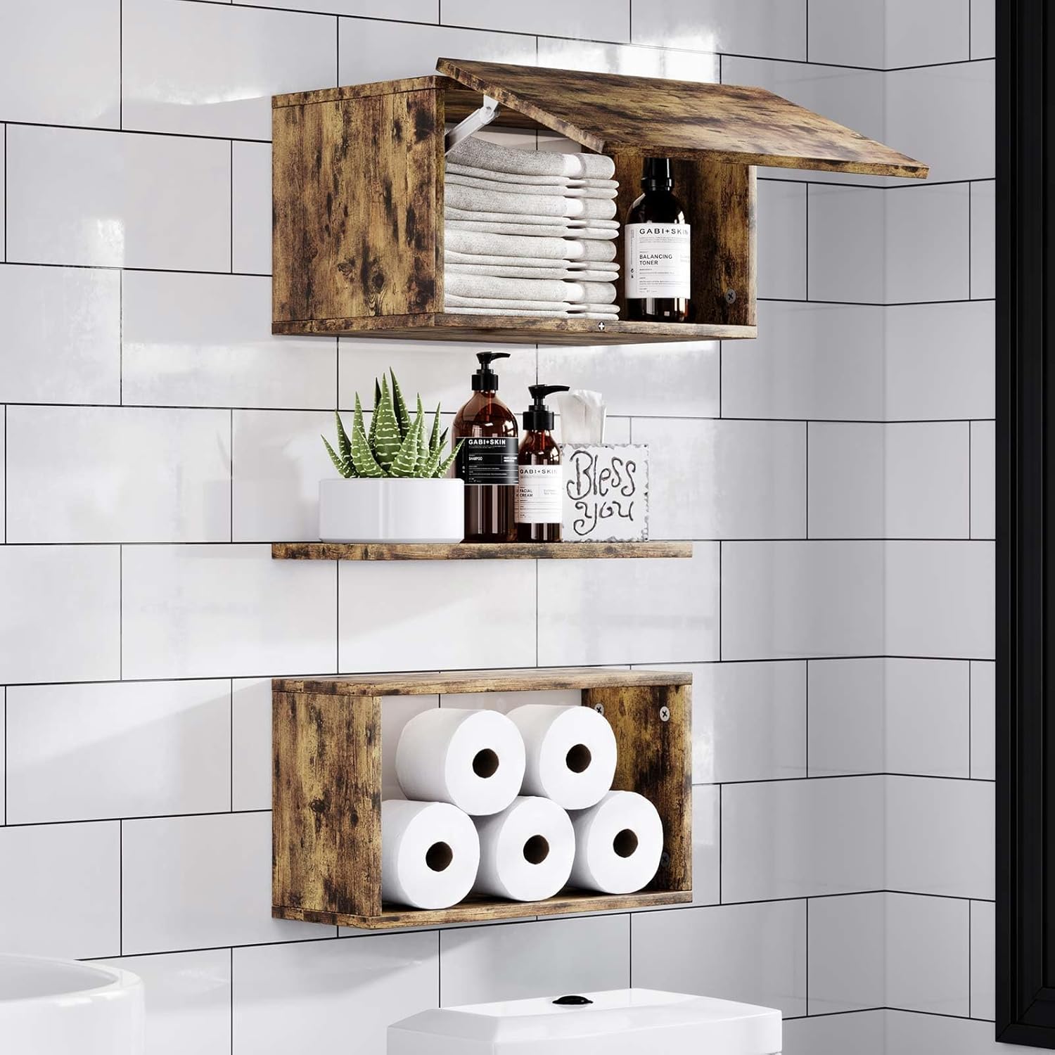 Bathroom Shelves Over Toilet with Stroage Cabinet,Wall Mounted Floating Shelves for Home Organization & Wall Decor,Small Wooden Shelf 16 inch Set of 3,Brown