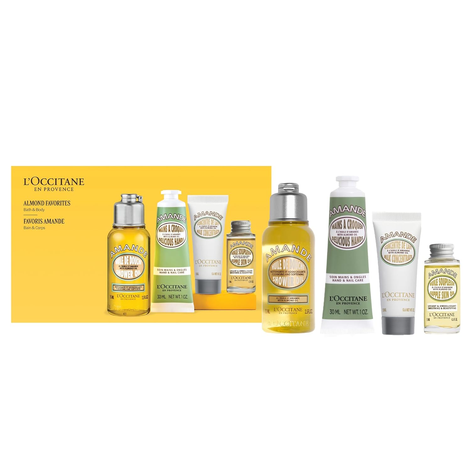 L'OCCITANE Almond Favorites Set: Cleansing Shower & Supple Skin Oils, Hand Cream & Moisturizer, Travel Size Skincare Essentials, Bath & Body Gift Set