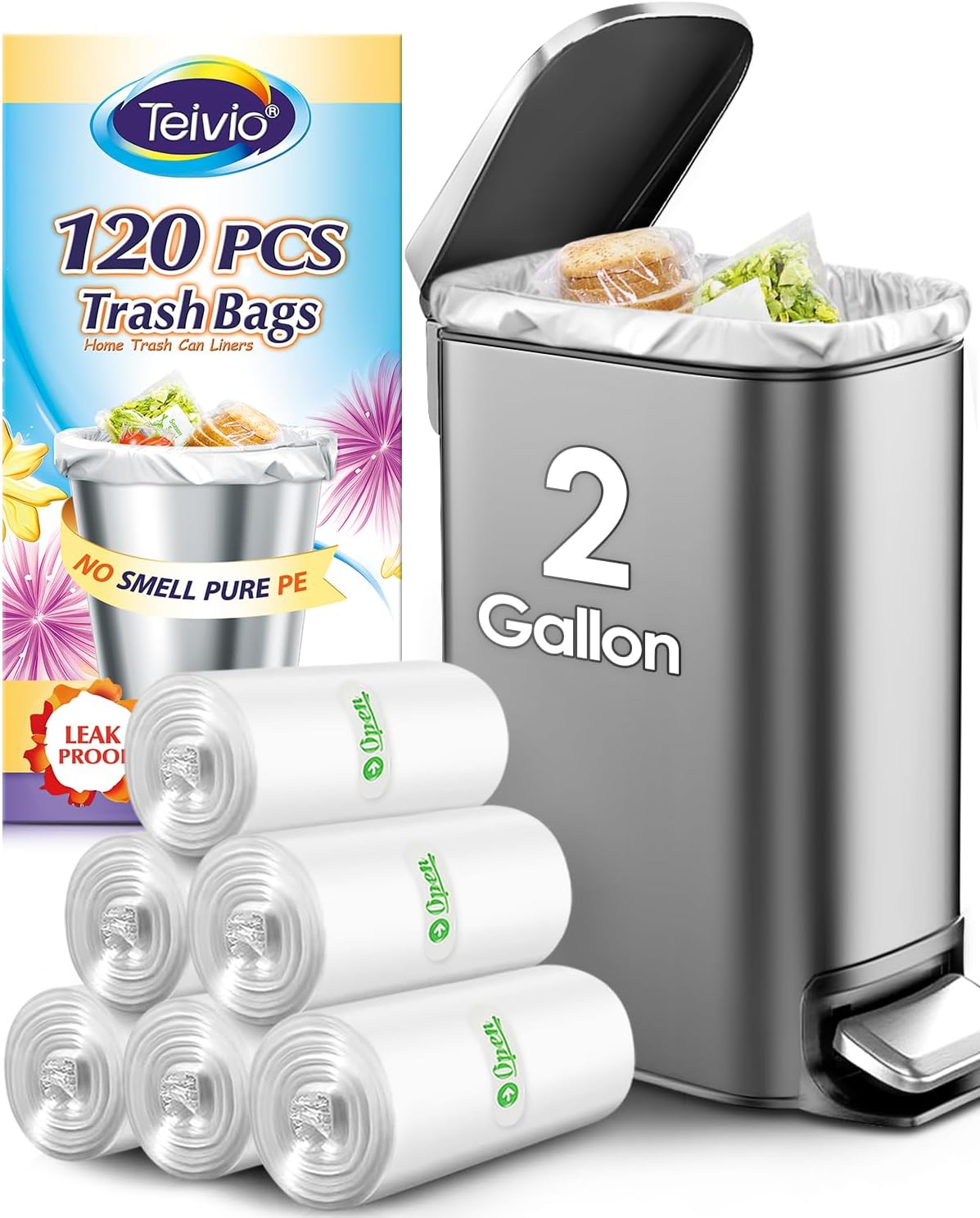2 Gallon 120 Counts Strong Trash Bags Garbage Bags by Teivio, Bathroom Trash Can Bin Liners, Plastic Bags for home office kitchen, Clear