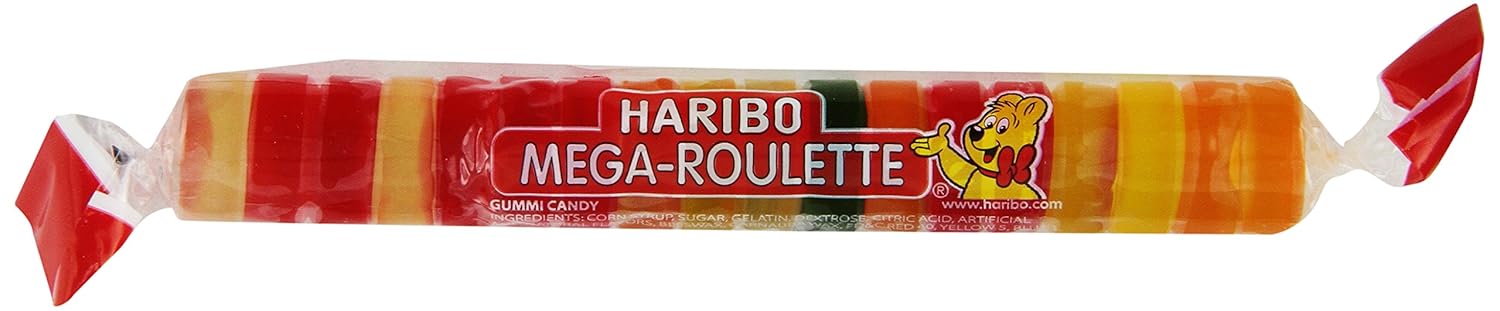 HARIBO Gummi Candy, Mega-Roulette Gummy Candy, 1.59 Ounce Rolls (Pack of 24) Delicious Soft & Chewy Sweet Snacks, Assorted Fruity Flavors