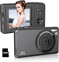 Digital Camera,4K 1080P Camera for Photography, Compact Digital Point and Shoot Camera with 16X Zoom 2.8" Screen, Anti-Shake,56MP Camera with 32GB Card for Kids,Teens and Beginners