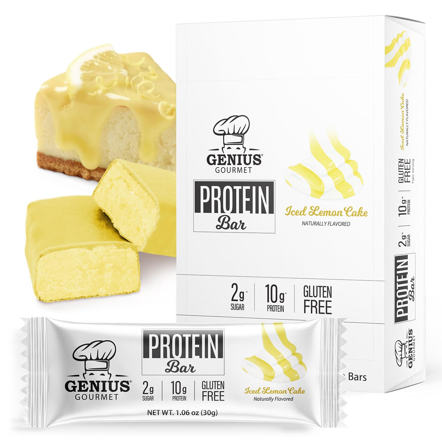 Genius Gourmet Protein Bar, Iced Lemon Cake, Keto Snack, Low Carb, Low Sugar & Gluten Free, Protein Snacks for Adults, 10G of Whey Protein per Protein Bar, 5 Net Carbs, 20 Count