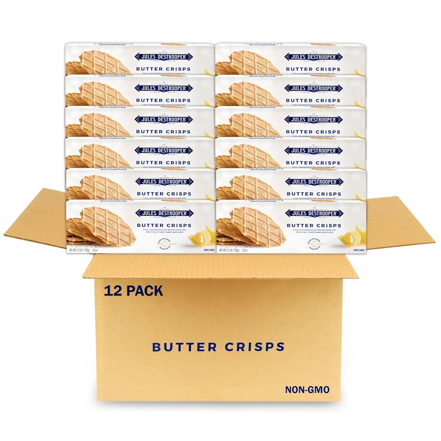 Jules Destrooper Butter Crisps - Caramelized Butter Biscuits, Kosher Dairy, Authentic Made In Belgium - 3.5oz (Pack of 12)