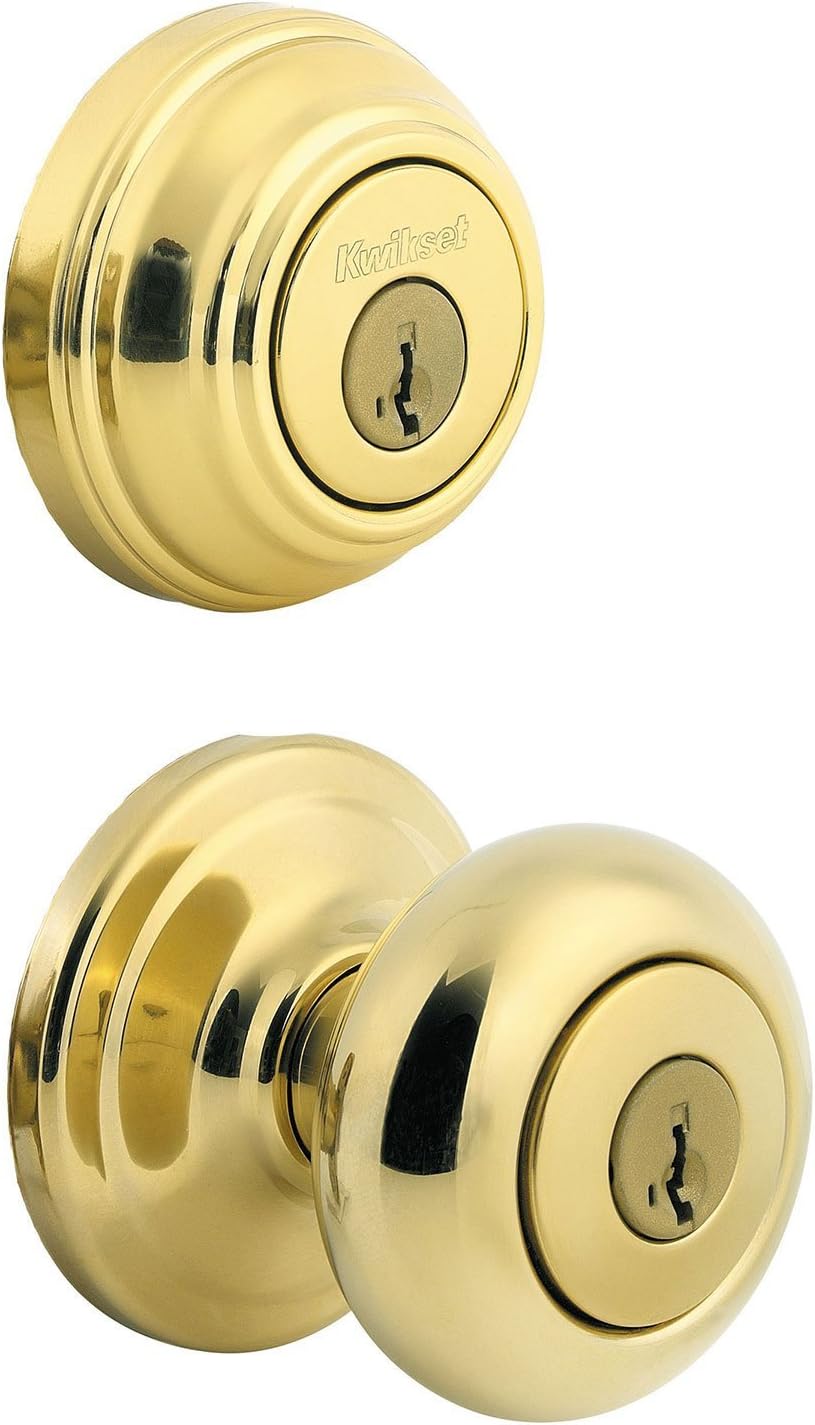 Kwikset Juno Keyed Entry Door Knob and Single Cylinder Deadbolt Combo Pack with Microban Antimicrobial Protection Featuring SmartKey Security in Polished Brass