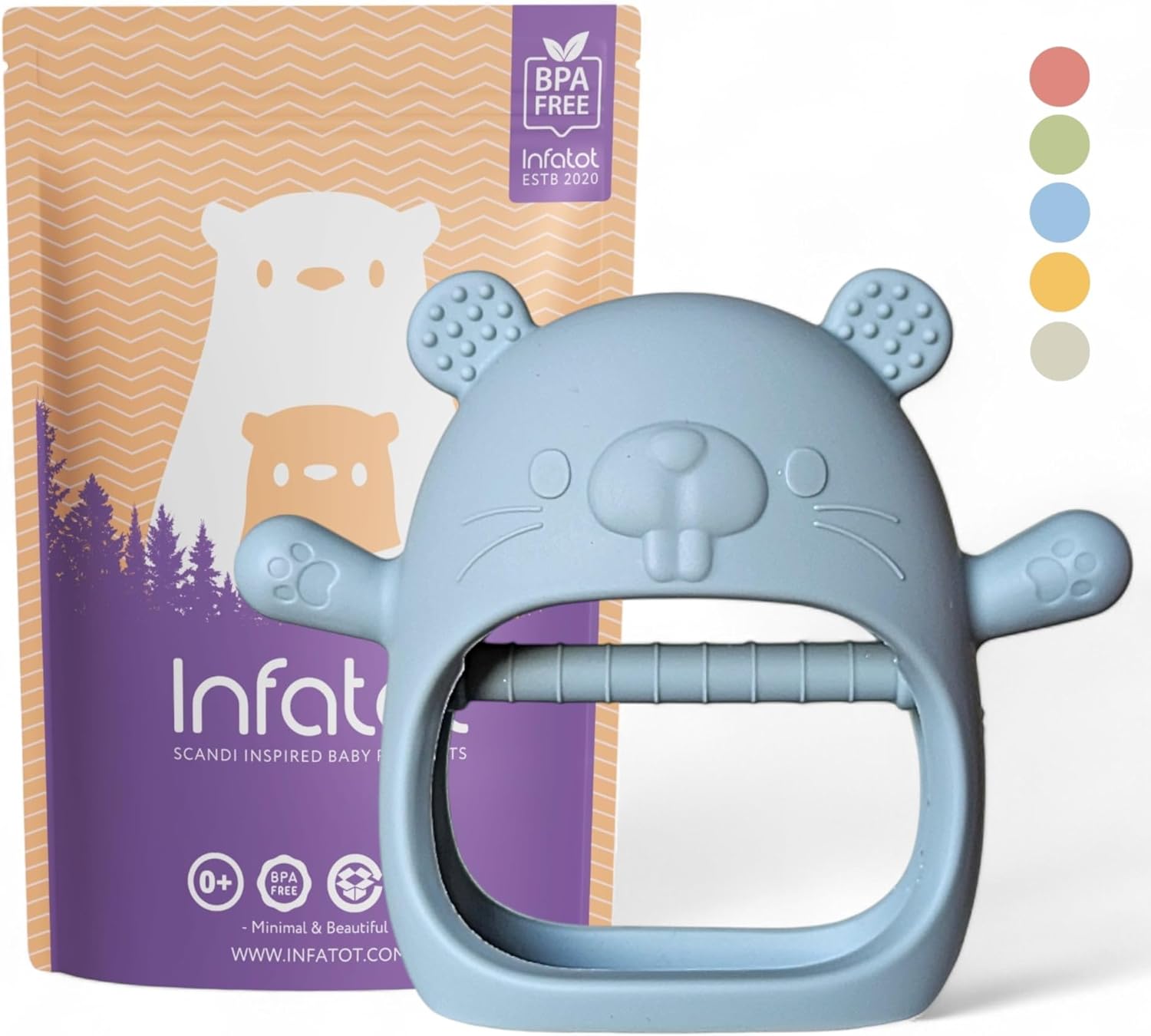 Infatot® Teething Toys for Baby Gifts – Chipmunk Silicone Mitten Teether, Soothing Glove for Infants, Baby Toys 0-6 Months, Soft Chewable Teether Toy to Prevent Finger Sucking, CM Blue