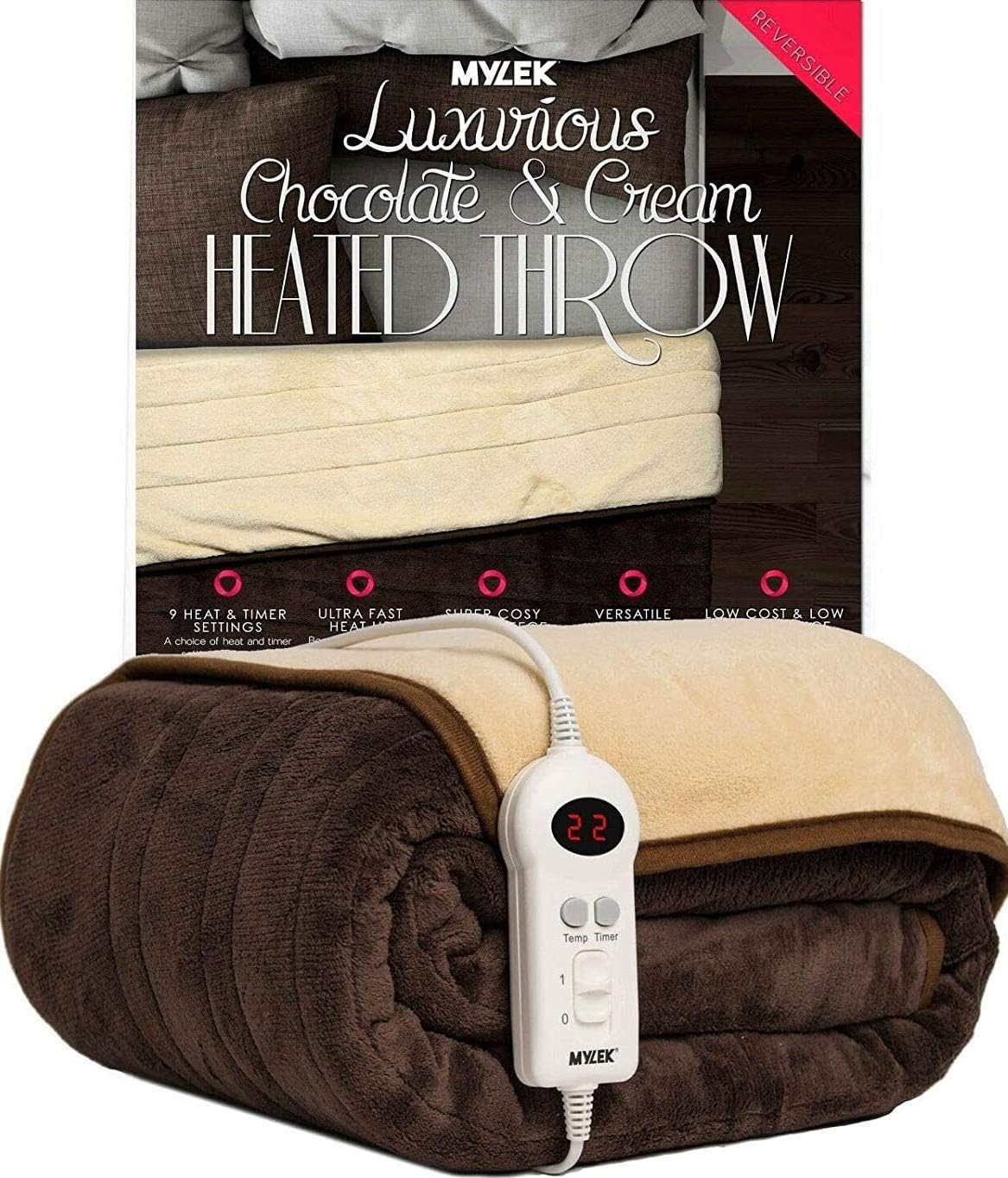 MYLEK Electric Heated Throw / Over Blanket in Chocolate & Cream - 9 Heat & Timer Settings - Easy To Use Digital Control - Machine Washable - Ultra Soft, Cosy Finish - 160 x 120cm