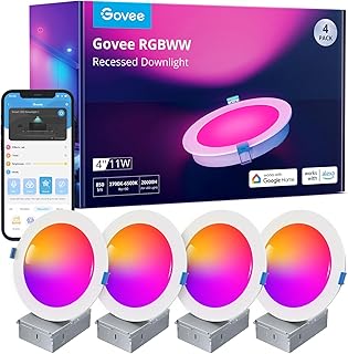 Govee Smart Recessed Lighting 4 Inch, Wi-Fi Bluetooth Direct Connect RGBWW LED Downlight, 65 Scene Mode, Work with Alexa & Google Assistant, LED Recessed Lighting with Junction Box, 850 Lumen, 4 Pack