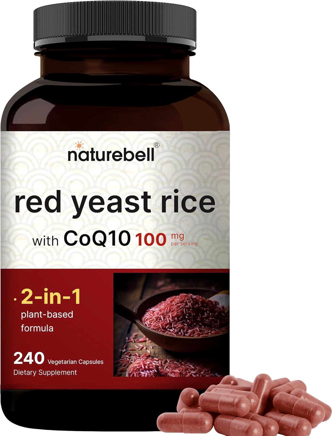 Red Yeast Rice 2,400mg with CoQ10, 240 Veggie Capsules (1,200mg Per Capsule) | Advanced Heart Health Herbal Supplement – Antioxidant Support for Energy & Heart Health – Non-GMO