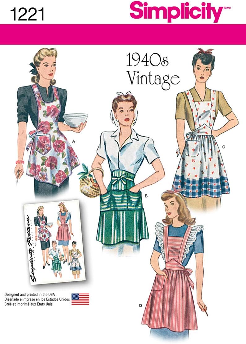 Simplicity S1221 Vintage Apron Sewing Pattern, Misses' 1940s Aprons with Halter, Cross-Back & Waist Styles, Sizes S-L
