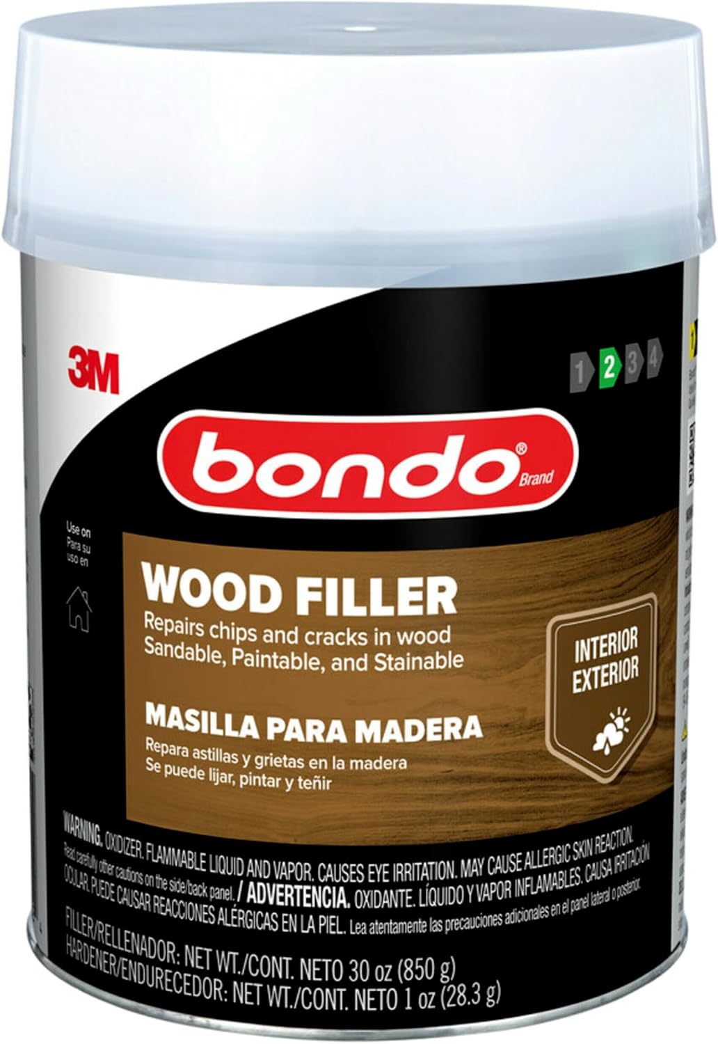 3M Bondo Wood Filler 30 oz (850.49 g) with Bondo Cream Hardner 0.5 oz (14g), Repairs Chips and Cracks in Wood, Sandable, Paintable, and Stainable (WF-QT-ES)