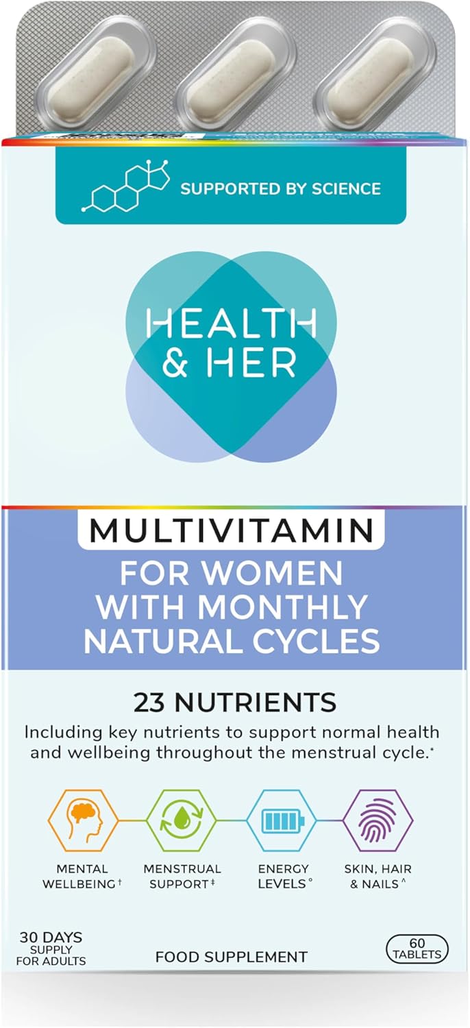 Health & Her Multivitamin for Women with Monthly Natural Cycles - Supplements for Women - Nutrition and Wellbeing Support for Menstrual Cycle - 1 Month Supply, 60 Tablets - Vegan & Gluten Free