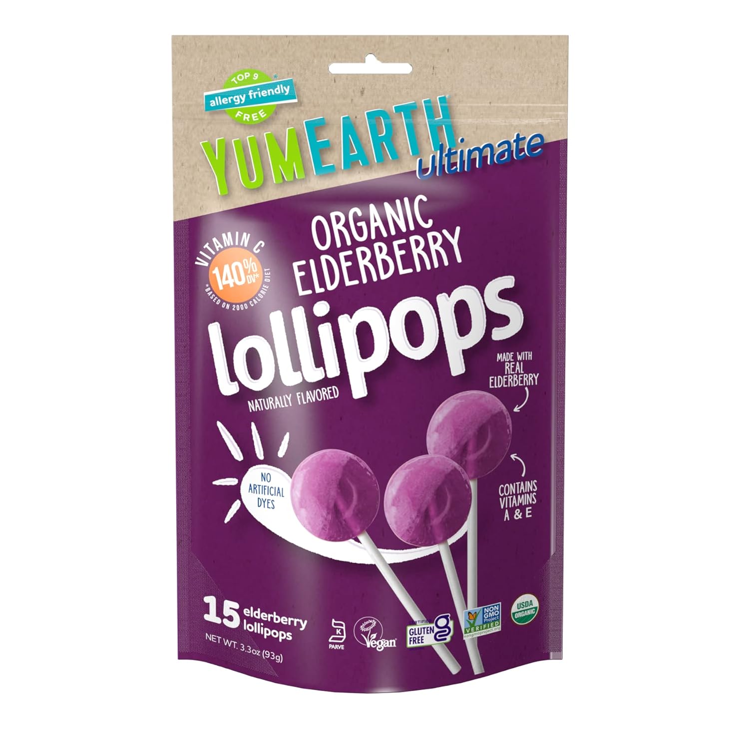 YumEarth Ultimate Organic Elderberry Pops, 15 count, Allergy Friendly, Gluten Free, Non-GMO, Vegan, No Artificial Flavors or Dyes
