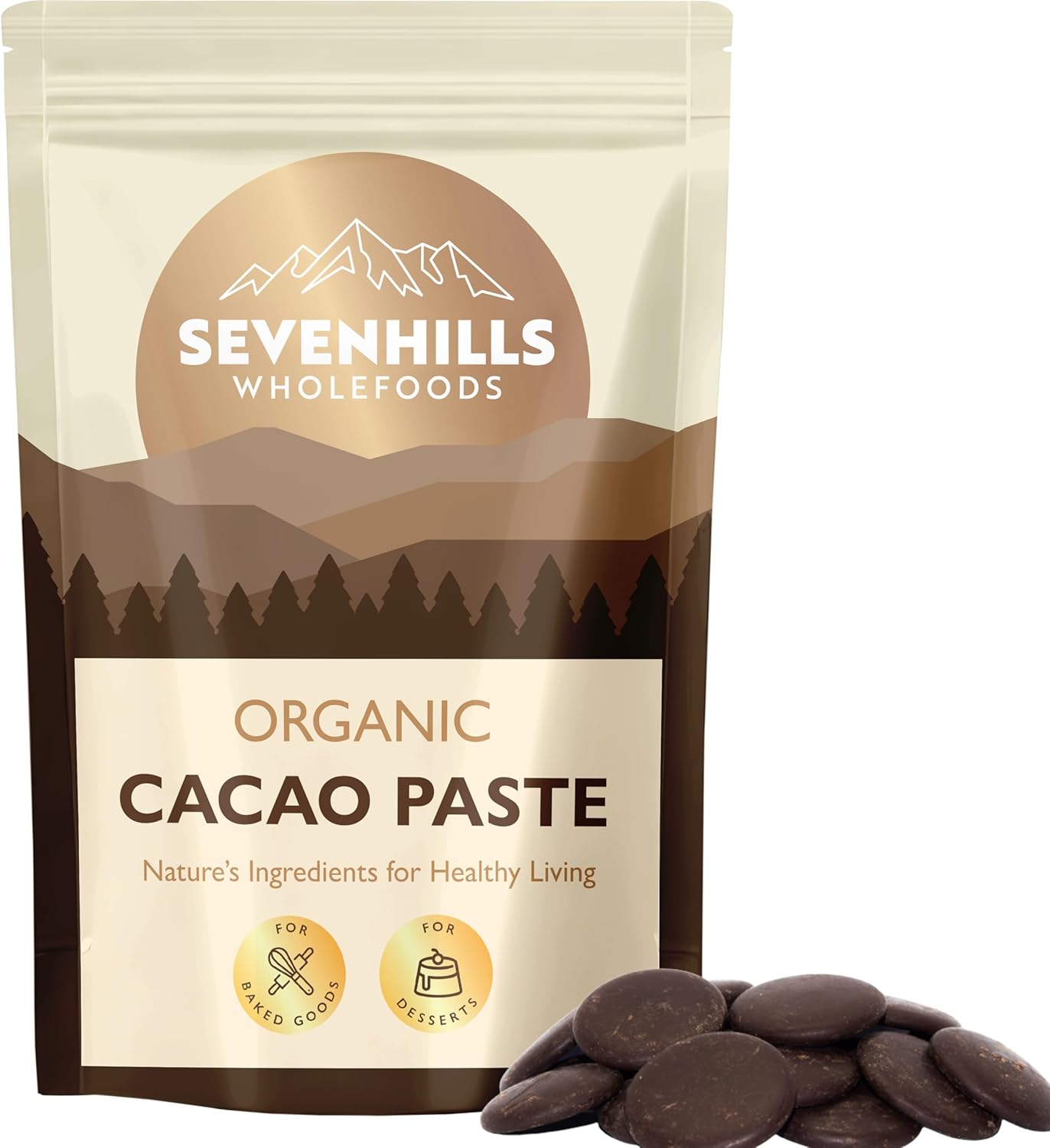 Sevenhills Wholefoods Organic Cacao Paste (Liquor, Mass) Wafers/Discs 500g for Hot Chocolate & Baking, Unsweetened, Buttons, Drops