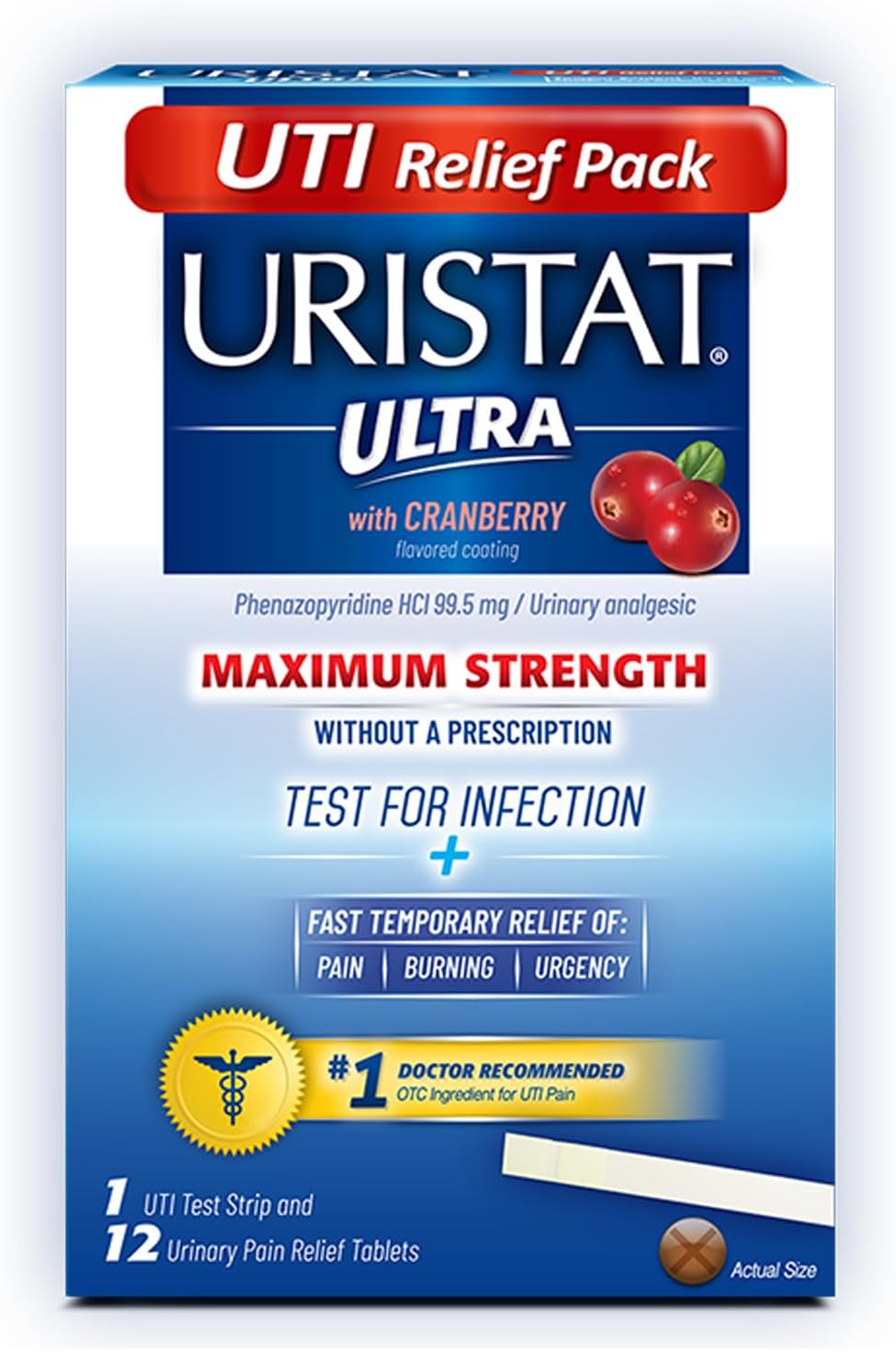URISTAT Ultra UTI Relief Pak, UTI Treatment for Women and Men, 1 UTI Test Strip and 12 UTI Treatment Tablets, 1 Box